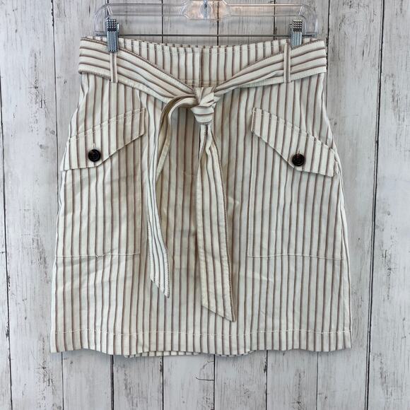 NWT Ann Taylor Beige Tan Striped Linen Blend Belted A-Line Cargo Skirt Size 6 - Picture 1 of 9